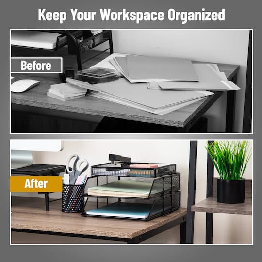 Mind Reader 2 Tier Paper Tray with Top Supply Compartment, Desktop File Organizer, Metal Mesh, Black